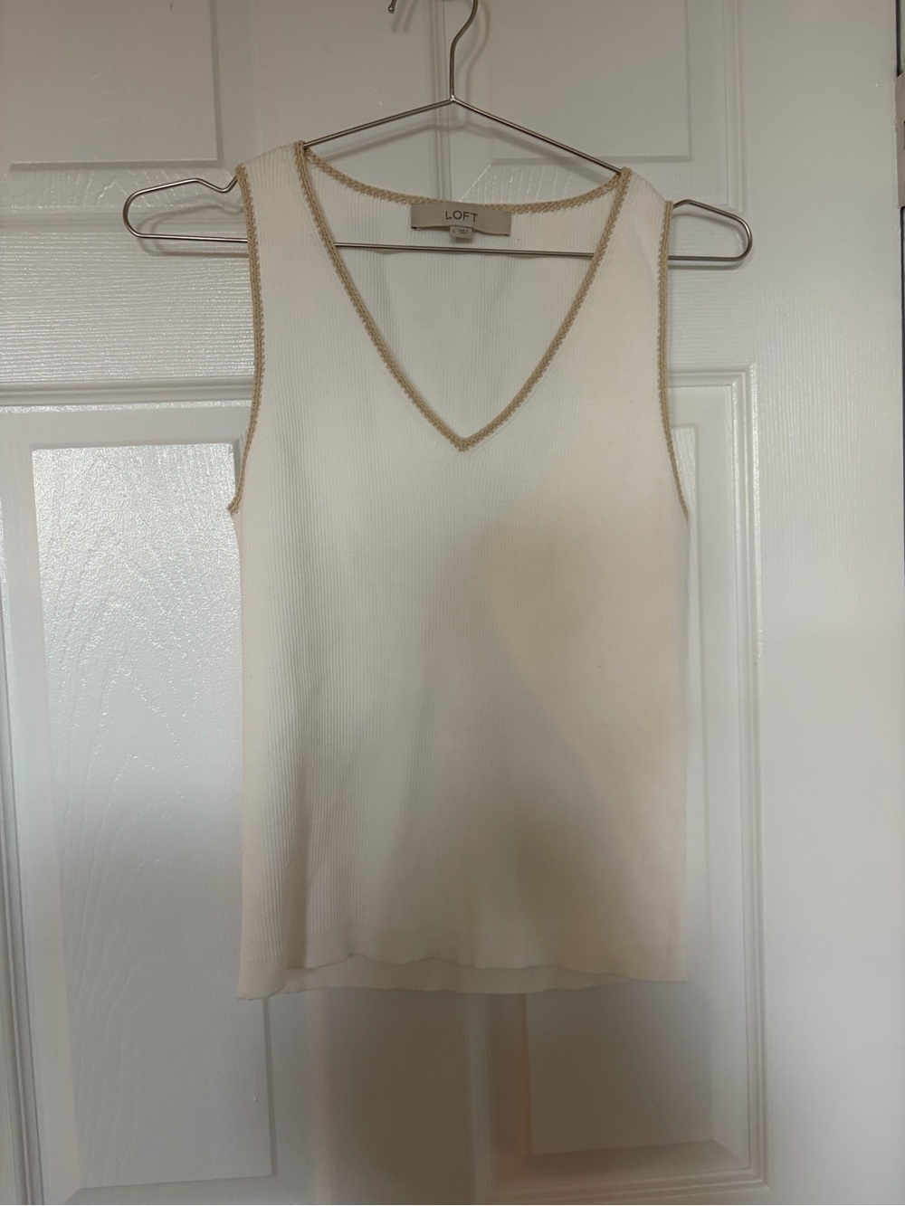 LOFT Cream Ribbed V-Neck Tank with Tan Trim
